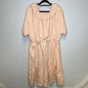 LiLU Women Peach Ruffle Drawstring Waist Tiered Midi Dress 100% Organic Cotton M